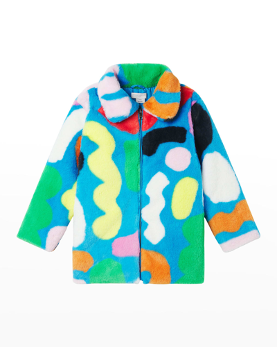 Shop Stella Mccartney Girl's Multicolor Shapes Faux Fur Jacket In 618mc Blue