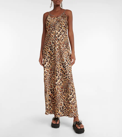 Rabanne Chain-embellished Leopard-print Satin Maxi Dress In Leopard Commercial