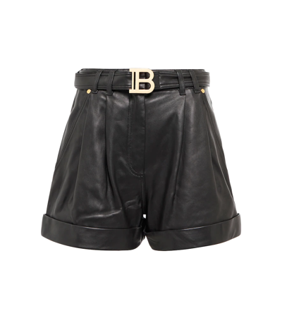 Shop Balmain Belted Leather Shorts In 0pa Noir