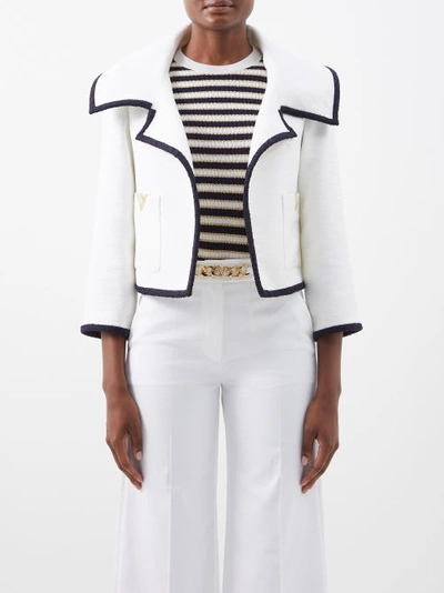 Valentino Oversized-lapel Cropped Tweed Jacket In White Navy