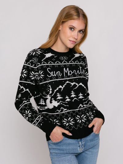 Mc2 Saint Barth Woman Sweater With Norwgian Style Print And Sun Moritz Embroidery In Black