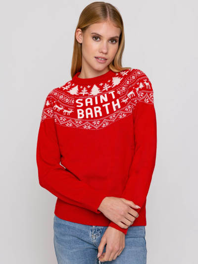 Shop Mc2 Saint Barth Woman Sweater With Norwegian Jacquard Print In Red