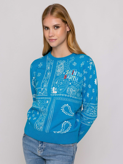 Shop Mc2 Saint Barth Woman Sweater With Bandanna Print And Saint Barth Embroidery In Blue
