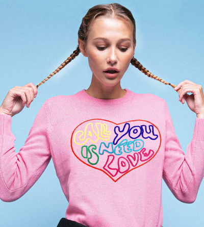 Shop Mc2 Saint Barth Woman Pink Sweater All You Need Is Love Embroidery