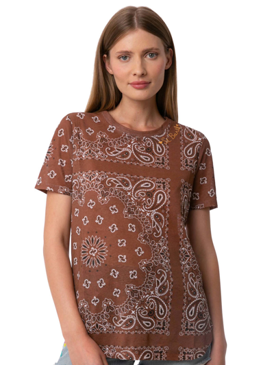 Shop Mc2 Saint Barth Woman Linen T-shirt With Bandanna Print In Brown