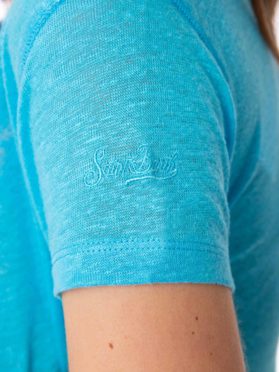 Mc2 Saint Barth V-neck Linen T-shirt In Blue
