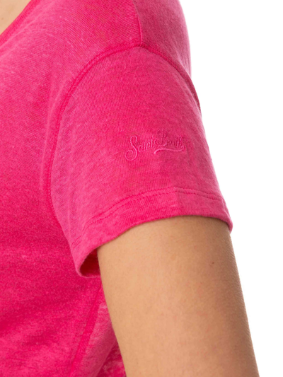 Mc2 Saint Barth V-neck Linen T-shirt In Pink