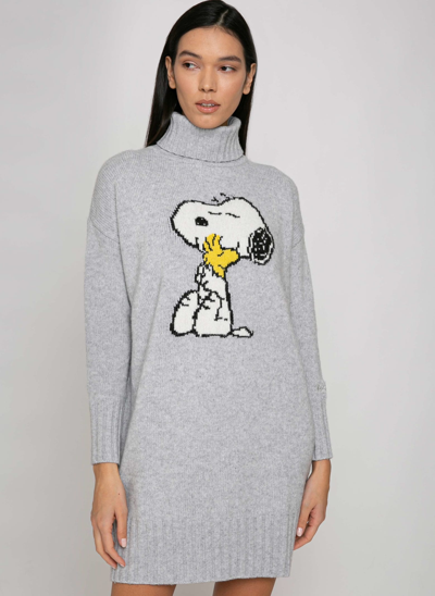 Shop Mc2 Saint Barth Woman Knit Dress With Snoopy Jacquard Print ©peanuts Special Edition In Grey