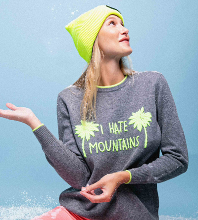 Mc2 Saint Barth Woman Grey Sweater Yellow Fluo I Hate Mountains Embroidery In Grey