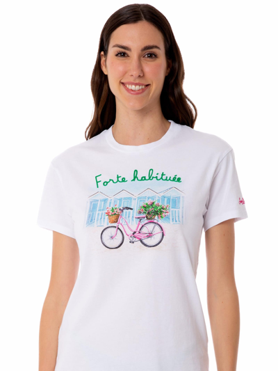 Shop Mc2 Saint Barth Woman Cotton T-shirt With Forte Habituèe Print In White