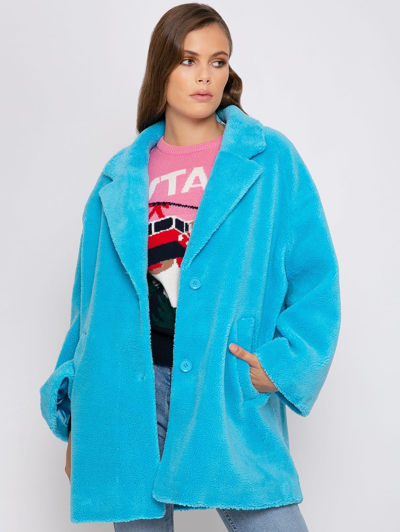 Shop Mc2 Saint Barth Woman Coat Turquoise Teddy Fabric In Blue
