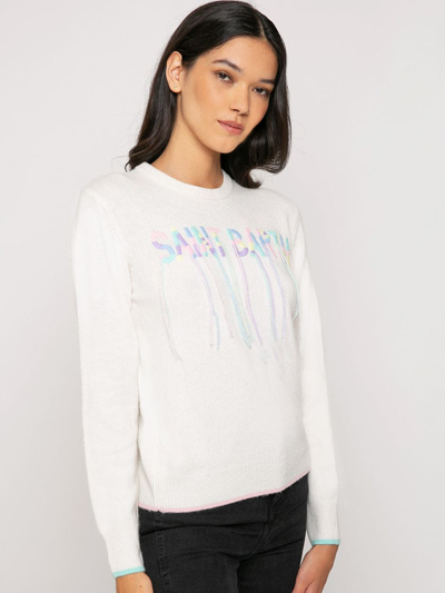 Mc2 Saint Barth Woman Brushed Sweater With Saint Barth Fringed Embroidery In White