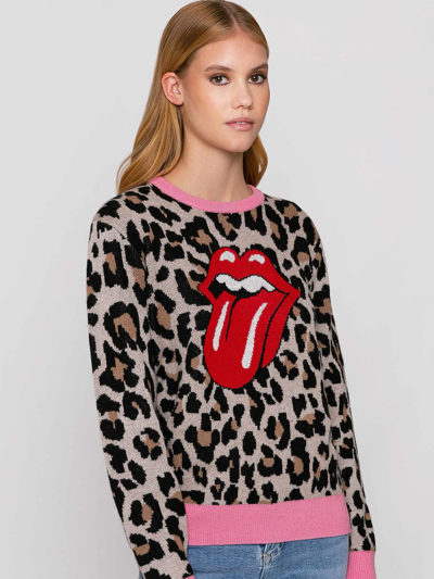 Mc2 Saint Barth Woman Brushed Sweater With Animalier Print The Rolling Stones® Special Edition In Brown