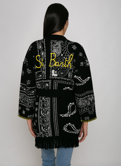 Mc2 Saint Barth Woman Bandanna Coat With Belt And St. Barth Embroidery In Black