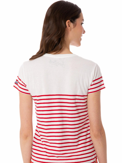 Mc2 Saint Barth Red Striped Cotton T-shirt With St. Barth Embroidery In White
