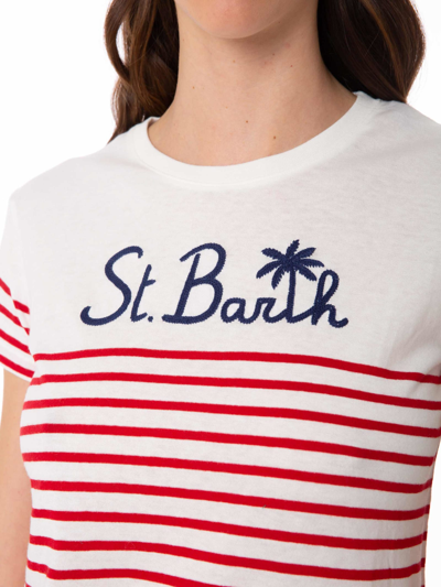Mc2 Saint Barth Red Striped Cotton T-shirt With St. Barth Embroidery In White