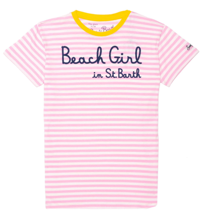 Shop Mc2 Saint Barth Pink Striped T-shirt With Embroidered Beach Girl