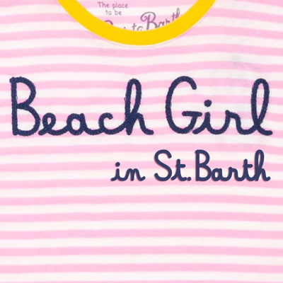 Shop Mc2 Saint Barth Pink Striped T-shirt With Embroidered Beach Girl