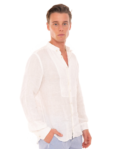 Mc2 Saint Barth Off White Embroidered Man Linen Shirt In White
