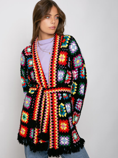 Shop Mc2 Saint Barth Multicolor Crochet Coat With Belt In Black