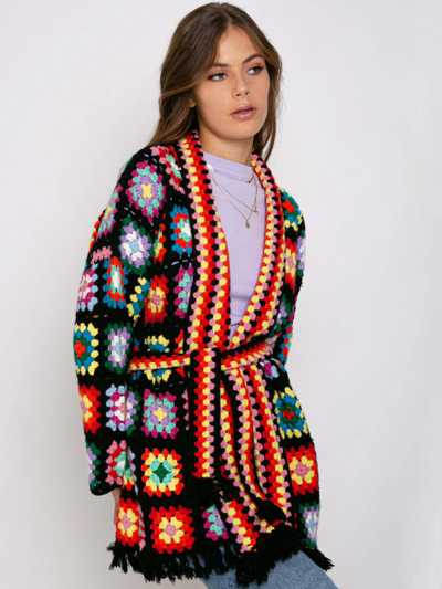 Mc2 Saint Barth Multicolor Crochet Coat With Belt In Black