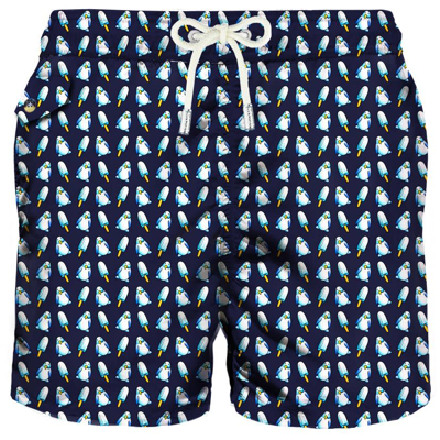 Mc2 Saint Barth Man Swim Shorts Penguins Micro Print In Blue