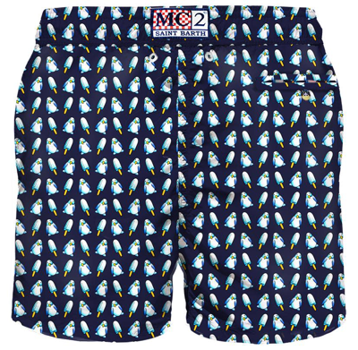 Mc2 Saint Barth Man Swim Shorts Penguins Micro Print In Blue