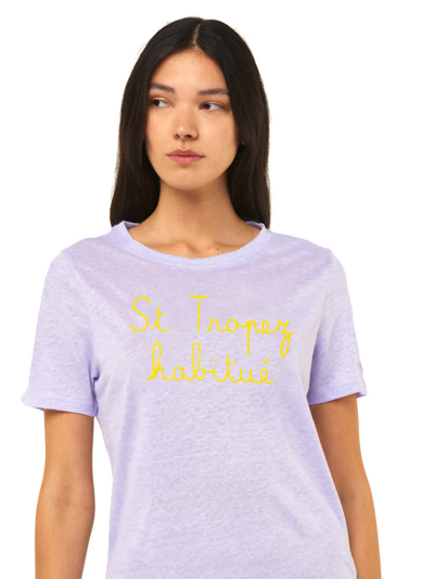 Shop Mc2 Saint Barth Linen T-shirt With St. Tropez Habituè Embroidery In Purple