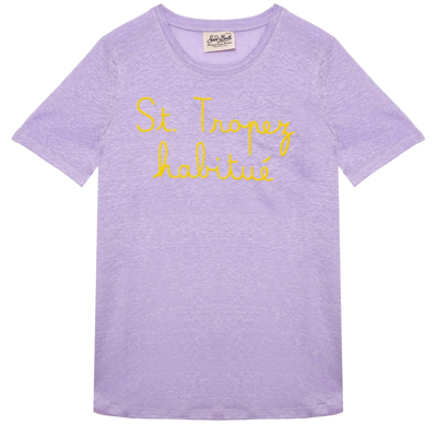 Shop Mc2 Saint Barth Linen T-shirt With St. Tropez Habituè Embroidery In Purple