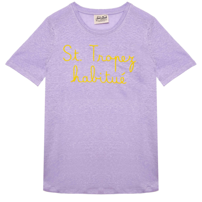 Mc2 Saint Barth Linen T-shirt With Porto Cervo Queen Embroidery In Purple