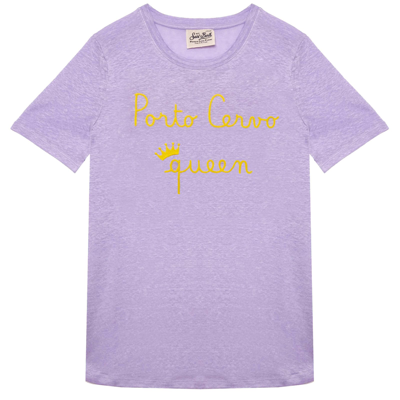 Shop Mc2 Saint Barth Linen T-shirt With Porto Cervo Queen Embroidery In Purple