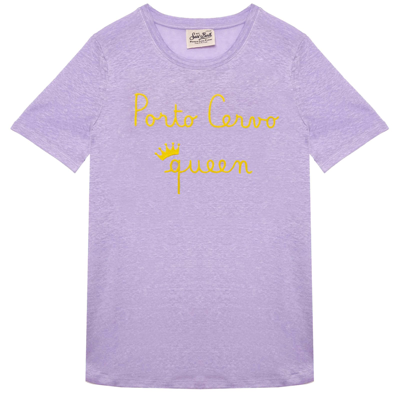 Mc2 Saint Barth Linen T-shirt With Porto Cervo Queen Embroidery In Purple