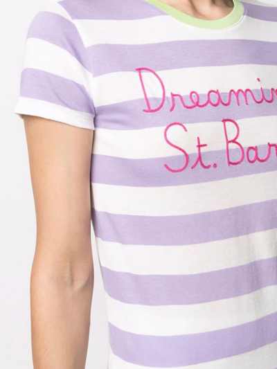 Mc2 Saint Barth Lilac And White Striped T-shirt With Embroidered St. Barth Is My Dream In Purple