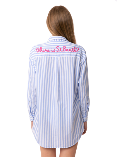 Shop Mc2 Saint Barth Light Blue Striped Cotton Shirt With Embroidery