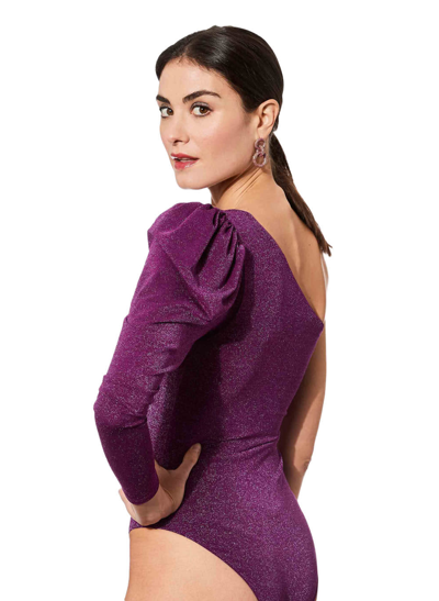 Mc2 Saint Barth Knitted Glitter Purple One Shoulder Swimsuit / Bodywear In Purple