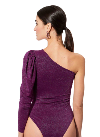 Mc2 Saint Barth Knitted Glitter Purple One Shoulder Swimsuit / Bodywear In Purple