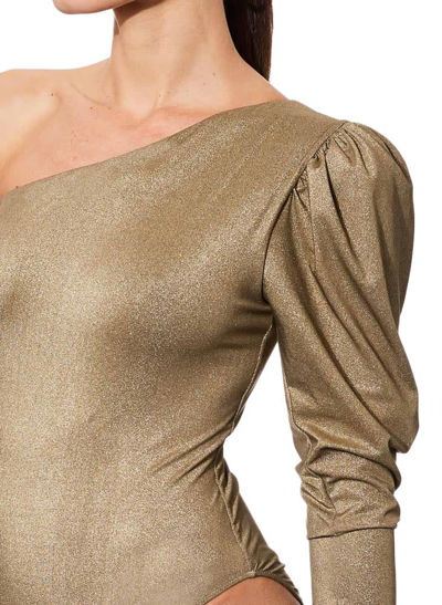 Shop Mc2 Saint Barth Knitted Glitter Gold One Shoulder Swimsuit / Bodywear In Brown