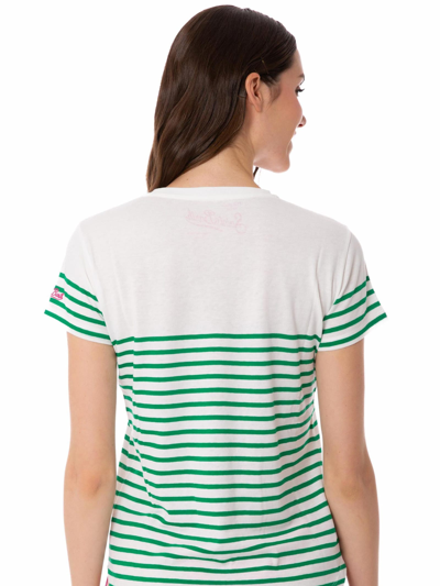 Mc2 Saint Barth Green Striped Cotton T-shirt With St. Barth Embroidery In White