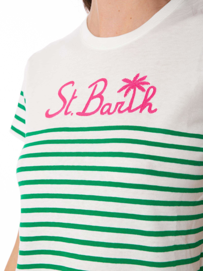 Mc2 Saint Barth Green Striped Cotton T-shirt With St. Barth Embroidery In White