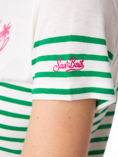 Mc2 Saint Barth Green Striped Cotton T-shirt With St. Barth Embroidery In White