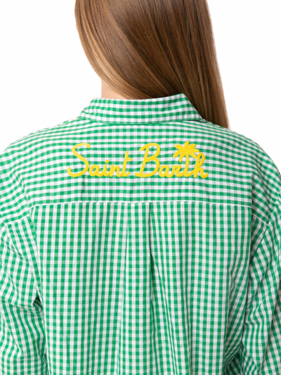 Mc2 Saint Barth Green Gingham Cotton Shirt With Embroidery In Green