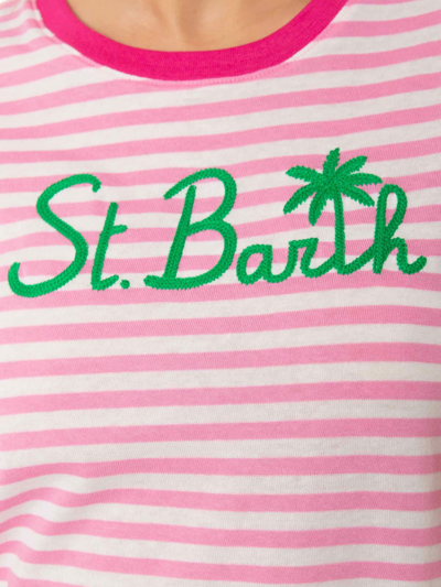 Mc2 Saint Barth Fucsia Striped Cotton T-shirt With St. Barth Embroidery In Pink