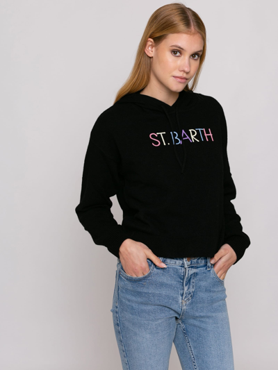 Mc2 Saint Barth Cropped Knit Hoodie With Saint Barth Embroidery In Black