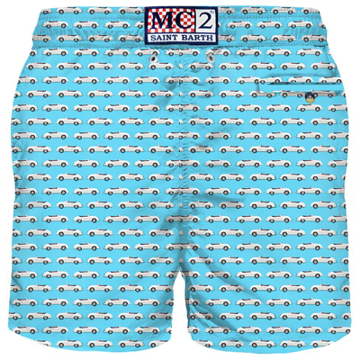 Mc2 Saint Barth Cars Micro Print Light Fabric Swim Shorts In Blue