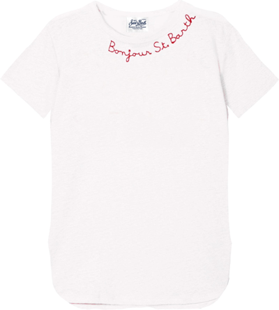 Shop Mc2 Saint Barth Bonjour St. Barth Embroidered Linen T-shirt In White