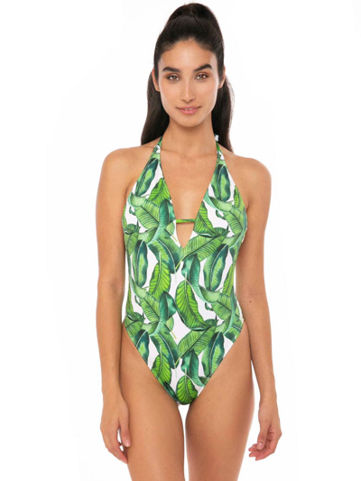 Shop Mc2 Saint Barth Banana Leaves Print One Piece Swimsuit In Green