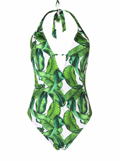 Shop Mc2 Saint Barth Banana Leaves Print One Piece Swimsuit In Green