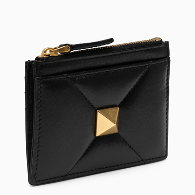 Shop Valentino Roman Stud Zipped Card Holder In Black- Leather