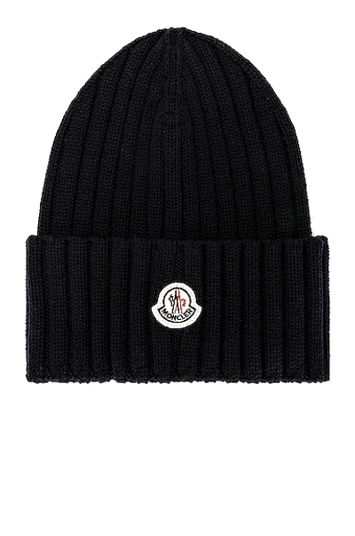 Moncler Ribbed Knit Wool Beanie Turn-up Brim In Navy