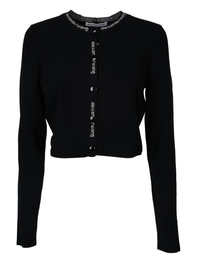 Shop Alexander Wang Stretch Knitted Logo Jacquard Cardigan In Black